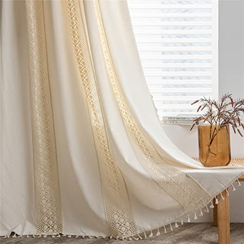 Sutuo Home Boho-Vorhänge, Häkelspitze, halbverdunkelnd, Boho-Stil, handgefertigte Quasten, Stangendurchzug, Fensterdekoration, Vintage, rustikale Landhaus-Vorhänge für Wohnzimmer, Schlafzimmer, 1
