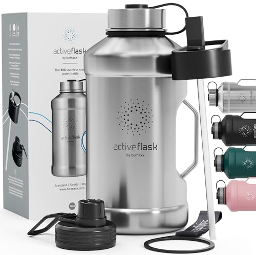 Trinkflasche Edelstahl ACTIVE FLASK + Strohhalm (3 Deckel) | Große 1,3 / 2,2 Liter Sportflasche BPA-frei Auslaufsicher Kohlensäure geeignet, 2l XL Wasserflasche Sport Outdoor Fitness Wasser Flasche