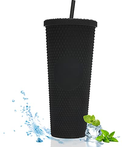 Vaso tachonado con tapa y popote, vaso de viaje de plástico de doble pared para bebidas de café helado, aguanieve o batidos, taza de café helado con tachuelas para niños