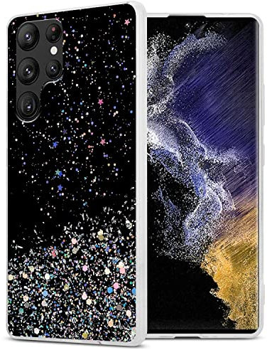 Cadorabo Hülle kompatibel mit Samsung Galaxy S22 Ultra Rundumschutz TPU Silikon Case Mädchen Glitzer Strass Design Slim Kratzfest Weiche Bling Schutzhülle für Samsung Galaxy S22 Ultra in Schwarz