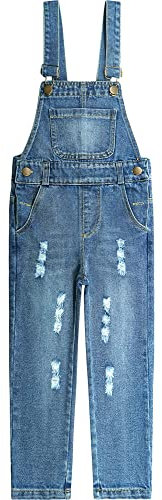 KIDSCOOL SPACE Salopette in Denim Strappato Stonewashed con Tasca Grande per Neonati e Bambini/Ragazzi,Blu,13-14 Anni
