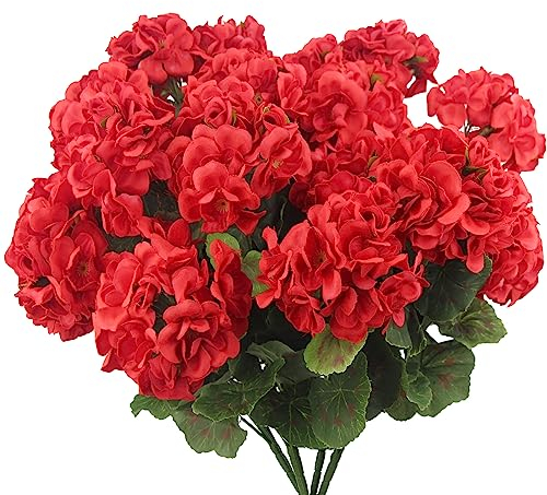 CISDUEO 4 fiori di geranio artificiali per esterni, gerani di seta, resistenti ai raggi UV, gerani finti rossi, gerani finti per esterni, decorazione per interni, giardino, patio, tavolo centrotavola