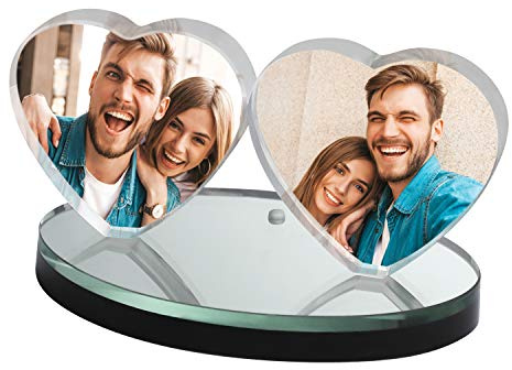 Glasfoto Personalisiert Doppel Herzform Glas mit eigenem Foto Fotorahmen Benutzerdefiniert Kristallglas 2D Fotodruck Individuelles Fotogeschenk für Geburtstag Muttertag Weihnachten Valentinstag