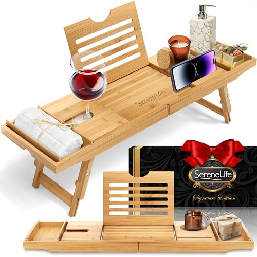 SereneLife 2-in 1 Ablage als Badewannenablage & Betttisch – Klappbares Badewannentablett Länge & Höhe Verstellbar – Wasserdichtes Betttablett für Bett & Badewanne – Robustes Sofa Tablett aus Bambus