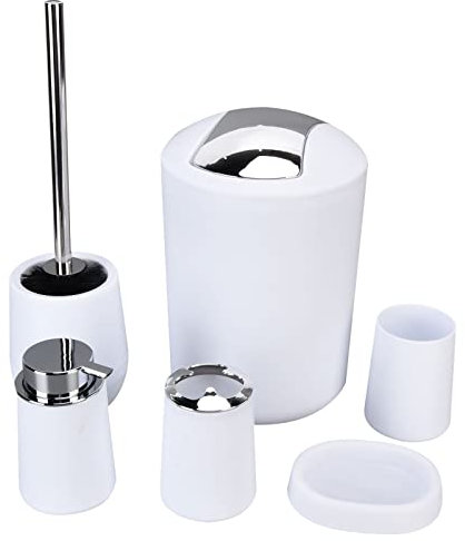 Tissting Badezimmer Set, 6 Stück Plastik Modernes Badausstattung Deko Sets Weiss Mülleimer Seifenschale Zahnbürstenhalter Lotionsflasche Toilettenbürste Mundspülbecher
