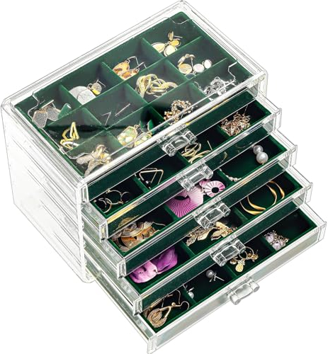 ProCase Acryl Schmuck Organizer Schmuckschatulle für Damen Durchsichtige Schmuckaufbewahrung Schmuckkästchen Schmuckbox mit 5 Schubladen für Ohrringe, Ringe, Armbänder -Emerald