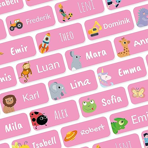 Namensaufkleber für Kinder (54 Stk. 30x13 mm) - Wasserfeste Namensschilder für Kleidung, Textilien und Gegenstände - Optimal für Kita, Kindergarten und Schule - Schöne Motive personalisierbar