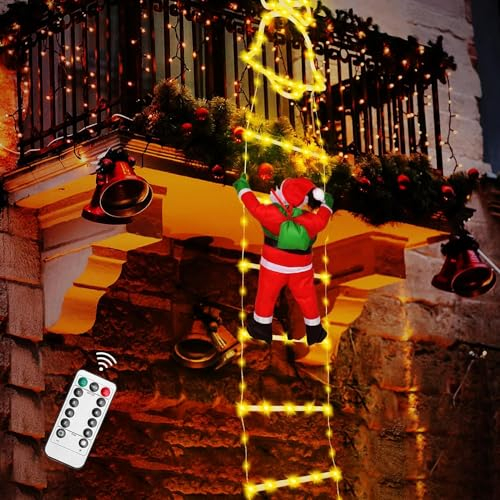 Hysagtek Ladder Lights with Santa Claus LED Christmas Decorations Lights, 8 Modes, Santa Climbing Ladder Indoor Outdoor Garden Xmas Tree Balcony Window Decor, IP65 Waterproof(160cm/5.25ft)