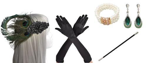 MIMIKRY 20er Jahre Set Pfau Stirnband Handschuhe Zigarettenspitze Perlenarmband Ohrringe Flapper Charleston, Variante:Set 100 B