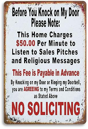 Vintage Metal Tin Sign - Humorous No Soliciting Message, $50 Charge Warning, Pre-Payment Required, Door Policy Sign, Funny Privacy Decor, 12x8 inches for Home and Business