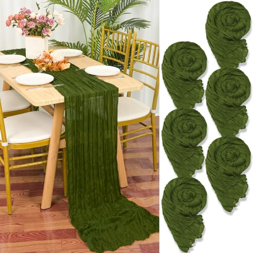 6 Stück Seihtuch Tischläufer Olivgrün,90 x 300 cm Dunkelgrün Rustikaler Gaze Stoff Boho Tischläufer Käsetuch Cheesecloth Tischläufer Hochzeit Tischdecke für Hochzeitsfeier Brautparty Tischdekoration