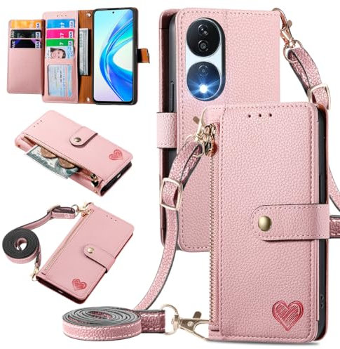 MOJIA Funda Cartera para Honor 90 Smart/Honor X7b 5G / X7b 4G, Carcasa de Teléfono con Tapa a Prueba de Anticaída y Cuero de Primera Calidad, Carcasa Multifunción con Bandolera. Rosado