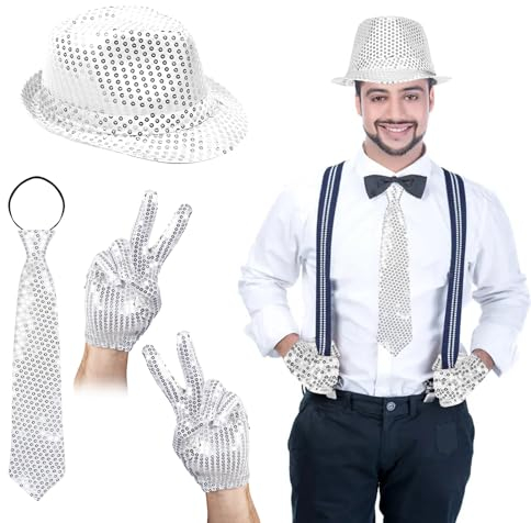 GUBOOM Dance Performance Disco Hippie Accessories Pailletten Set, Pailletten Hut Silber, Glitzer Krawatte Herren und Glitzer Handschuhe, Pailletten Kostüm Silber Herren für Karneval Party Zubehör