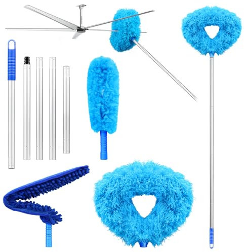 Ceiling Fan Cleaner Duster with Extra-Long Pole, 3 in 1 Reusable Microfibre Ceiling Fan Blade Cleaner Removable Washable 13 to 70 Inch for Cleaning High Ceilings Walls Furniture Bookshelf Doors (Blue)
