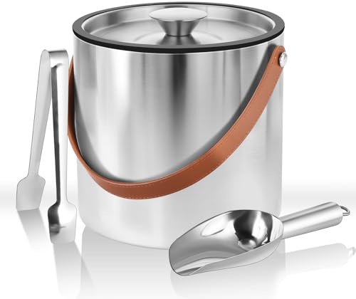 Bakpoco Doppelwandiger isolierter Eiskübel aus Edelstahl mit Deckel, Schaufel, Zange, Sieb, Ledergriff, hält Eis länger gefroren, große Weineiskübel für Partys, Cocktailbar, Champagner, 2 l