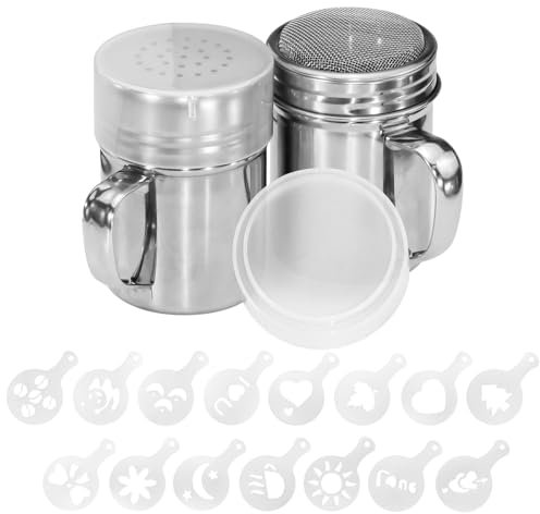 Sekonow Puderzuckerstreuer mit Griff, 304 Edelstahl, Puderzucker-Sieb mit 16 Kaffee-Schablonen, Dredge Shaker für Mehl, Zimt, feines und mittleres Netz, 2 Stück