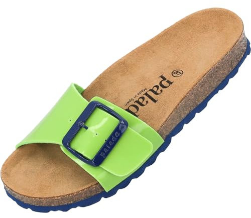 Palado Pantoletten Damen Malta EGS Lack – bequeme Sandalen Made in Spain - Hausschuhe mit dämpfendem Kork-Fußbett - modische Sommerschuhe Hellgrün/Blau UK4,5 - EU37