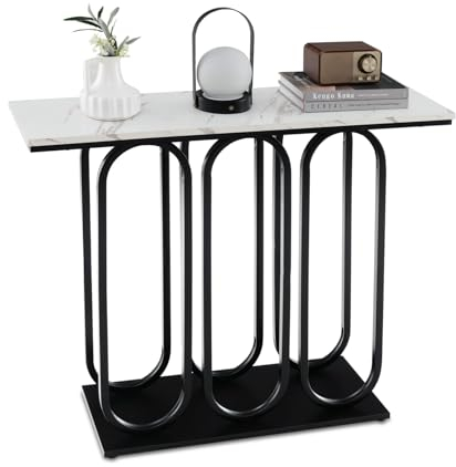 Table console GIANTEX - Console moderne en métal avec aspect marbre - 100 x 30 x 80 cm - Blanc Marbre + Noir