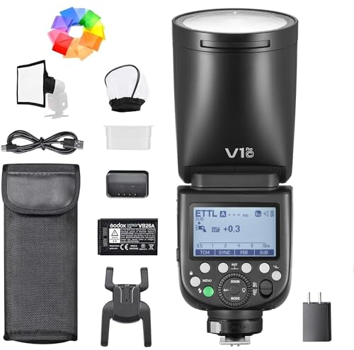 Godox V1 PRO C Kamerablitz Speedlite 2,4 G Wireless + 1/8000 s HSS + 1,3 s Recyclingzeit + M/TTL-Blitzmodus + Abnehmbarer Sub-Blitz Speedlite kompatibel mit Canon EOS Kameras