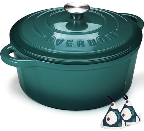 Overmont Cocotte en Fonte Émaillée - Ø28 cm Casserole Antiadhésive Avec Couvercle et Maniques en Coton - Batterie de Cuisine Robuste pour Braiser Ragoûts Rôtir Pain - Vert bouteille