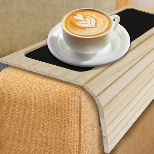 Sofa Arm Tray Foldable Wooden Armrest Tray Sofa Couch Arm Table Armrest Organiser for Drinks, Snack, Magazine, and Remote Folding Couch Table with Fabric Backing Laptop and Tablet Holder