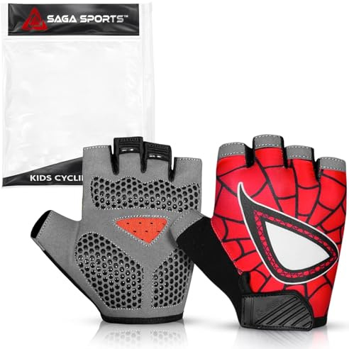 SAGA SPORTS Half Finger Kids Cycling Gloves| Non-Slip, Padded, Antislip, Fingerless Kids Bike Gloves for Boys and Girls | Ideal for BMX, MTB, Gymnastics (Red, Small [4-6])