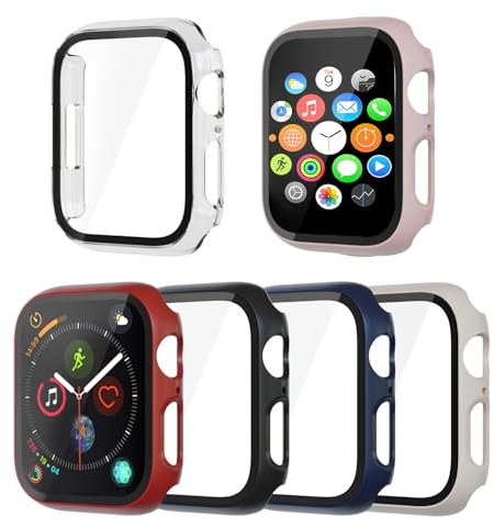 vicihoho 6 Piezas Funda Protector de Pantalla de Cristal Templado Incorporado para Apple Watch Series 9/8/7 41mm, Ultradelgado Resistente a los Arañazos(Transparente&Starlight&azul&negro&Rosa&rojo)