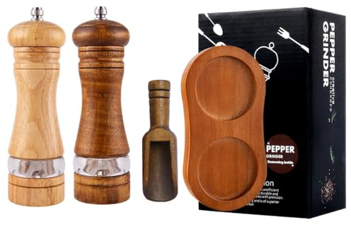Manual Wooden Salt Mill, Set of 2, Salt and Pepper Mill, Ceramic Grinder, Spice Mills, Ideal Kitchen Aid and Gift Idea, Pepper Mill with Extra Coaster + Spoon, Mix Colours
