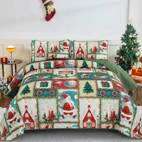 WONGS BEDDING Tagesdecke 220x240 Bettüberwurf Steppdecke Doppelbett Gesteppt Mikrofaser 3 Teilig Weihnachts Tagesdecke Bettdecke Stepp Decke mit 2 Kissenbezüge 50x75, Grüner Weihnachtsbaum Rentier