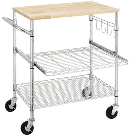 LICONG-2020 Küche Mobile Insel Zähler Rollender Küchenwagen mit Holztischplatte, Kücheninselwagen mit Rädern und Schieberegal Küchenbedienfeld