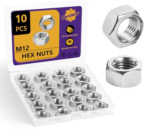 ZerDans- Sechskantmuttern Edelstahl M12 - (10 Stück) V2A DIN 934, hochwertige rostfreie Muttern für Schrauben & Unterlegscheiben & Gewindestangen