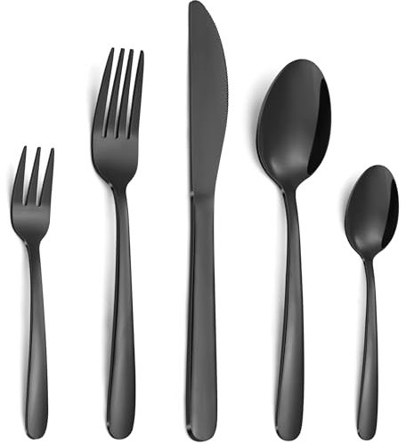 Bestdin Besteck Set, 30 teilig Besteck Set 6 Personen, Edelstahl Besteckset mit Messer Gabel Löffel, Besteck Schwarz für Haus/Party/Restaurant, Hochglanzpoliert&Spülmaschinenfest.