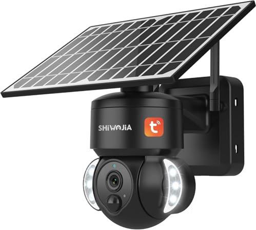 SHIWOJIA Camera Tuya Exterior, Cámara de vigilancia WiFi Solar Exterior, 3MP PTZ Cámara Exterior, Visión Nocturna Color, PIR Detección Humana, Audio Bidireccional IP66, Negro