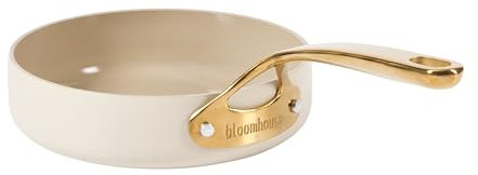 bloomhouse 8 Inch Heavy Duty Aluminum Premium PFA Free Ceramic Nonstick Saute/Deep Frying Pan Skillet - Almond Cream w/Gold Handle