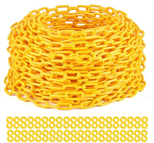 Drawpies Plastic Chain, 200Ft Yellow Chains Links, Large Plastic Safety Chain Barrier with 40 S-Hooks