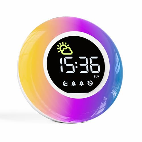 HERMIC Kinderwecker, Schlaftrainer mit Nachtlicht, Lichtwecker mit 12 White Noise, 2 Alarme, Snooze und Timer 15/30/60/90/120 Mins, Wecker Kinder für Schulanfänger Mädchen Jungen