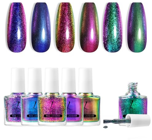 LOPHE Glitter Nail Polish, 6 Colors Chameleon Holographic Nail Varnish, Shine Nail Polish Set, Iridescents Reflective Nail Polish, Shimmer Chrome Nail Varnish, Quick Dry Nail Polish for DIY Salon
