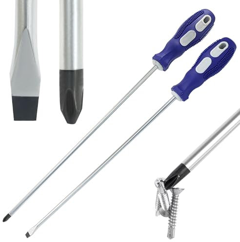 Kyuionty Juego de destornilladores Phillips y ranurados extra largos de 12 pulgadas, destornilladores PH2 de punta magnética de punta plana con mango de goma azul (paquete de 2)