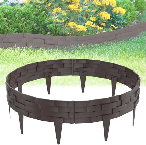 FIVMEN Bordure de pelouse en plastique - 5 m - Brique d'imitation pierre - Bordure de parterre avec piquets de 10 cm - Texture imitation brique - Bordure de tonte - Palissade pour jardin - Marron