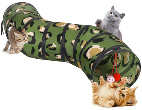Pawaboo Cat Tunnel, S-Shaped Cat Tube Tunnel 25 * 97cm(9.8''*38.2'') with Balls and Bells, Collapsible Portable Kitten Play Tent Toy Interactive Cats House with Peep Holes for Kitty, Leopard Print