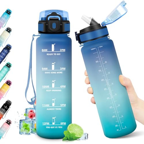 Bouteille Sport 1L, Gourde Réutilisable, Gourde Motivation sans BPA, Gourde Sport avec Paille, Gourde Étanche, Gourde avec Marqueur de Temps, Bouteille d'eau Idéale pour Randonnée, Bureau, l'école