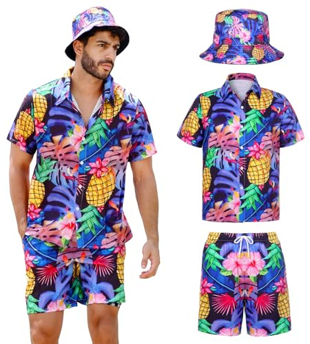 Joyesplay Lot de 3 chemises hawaïennes pour homme avec chemise flamant rose, short, chapeau de pêche, chemises hawaïennes, pour l'été, la plage, la piscine