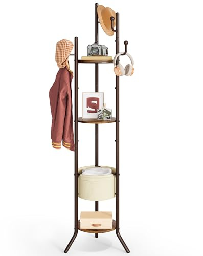 Hoctieon Porte manteau rond autonome avec 3 étagères en bois et 1 panier en tissu, arbre à vêtements en métal avec 5 crochets, porte-manteau pour vêtements, chapeaux, sacs, marron rustique