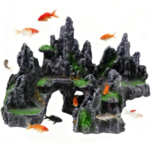 inheming Aquarium Deko Felsen Groß, Aquarium mit Blick auf die Berge, Mountain Polyresin Landschaft Fish Tank Resin Decorate 26cm*18cm*13cm