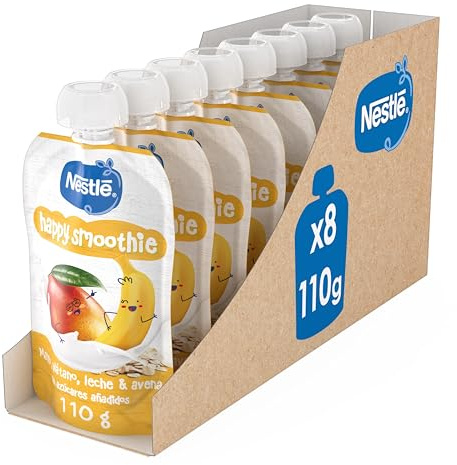 Nestlé Bolsitas Happy Smoothie 8x110g | Bolsita de yogur mango plátano y avena, 100% natural con vitamina C, sin azúcares añadido, sin conservantes, formato práctico
