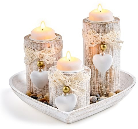 Wood Tealight Candle Holder Set of 3, Rustic Farmhouse Candle Holder with Decorative Tray & Stone for Home Decor, Wedding Centerpieces, Housewarming & Valentine’s Day Gifts