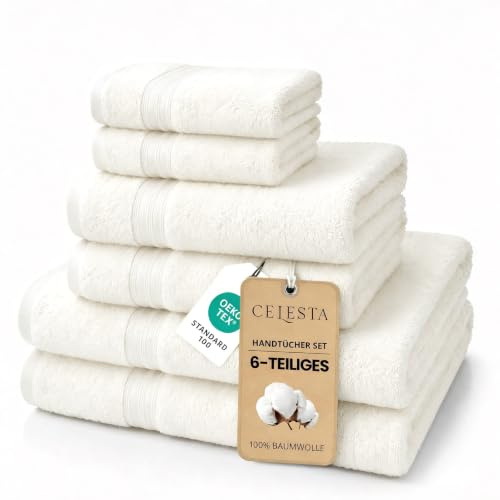 CELESTA 6‑teiliges Handtücher‑Set, 100% Baumwolle Frottee, Weiß | OEKO‑TEX zertifiziert, atmungsaktiv, saugstark & weich, enthält 2 Handtücher, 2 Duschtücher, 2 Gästetücher