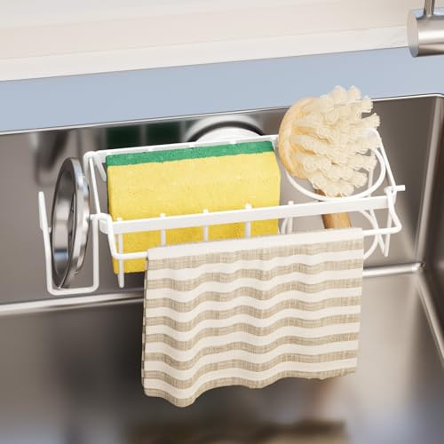 TAILI 4 in 1 Sponge Holder with Sucion Cup, Sink Caddy for Kitchen - White | 4 in 1 Sponge Holder for Kitchen Sink for Dishcloth, Brush, Stopper, Wall Mounted, Adhesive Free, No Drilling, Quick Drainage