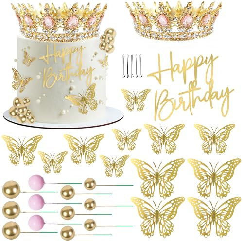 Ucatcher Crown Cake Topper Pink Gold Happy Birthday Cake Toppers Crown Balls Butterflies Corona Para Pastel Cake Decorations for Women Princess Queen Wedding Party Decorations