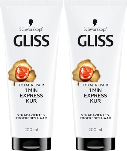 Gliss 1-Minute Intensivkur Total Repair (200 ml), Haarkur mit flüssigem Keratin für trockenes und strapaziertes Haar, schon nach 1 Minute wirksam (Packung mit 2)